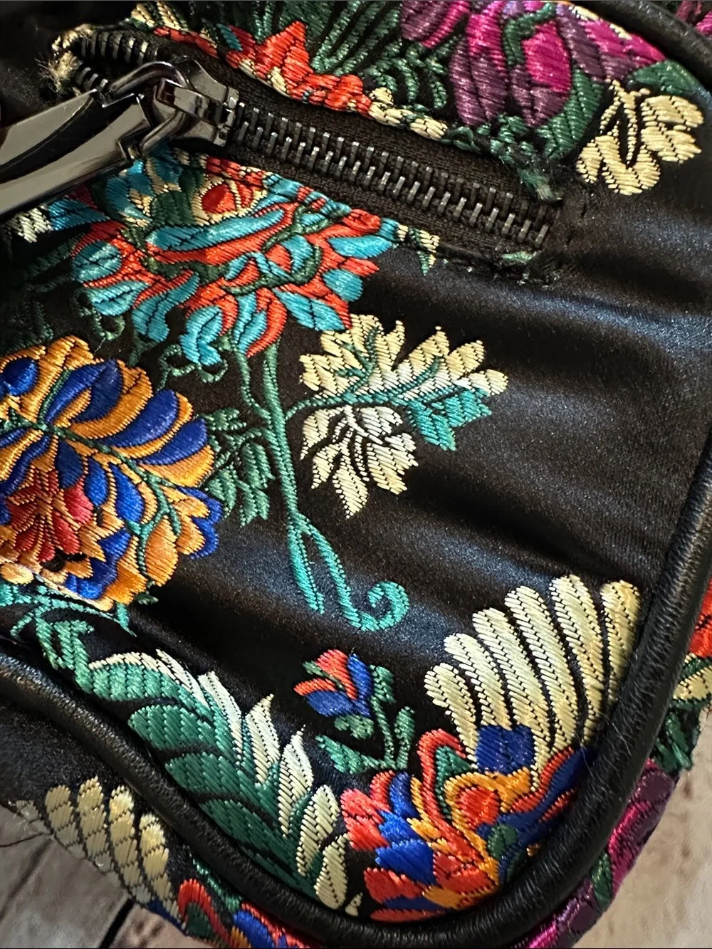 Free People Black Mini Backpack with Multicolor Embroidered Floral